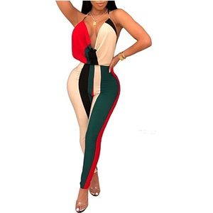 Sexy Stripe Backless Bodycon Jumpsuits Long Romper